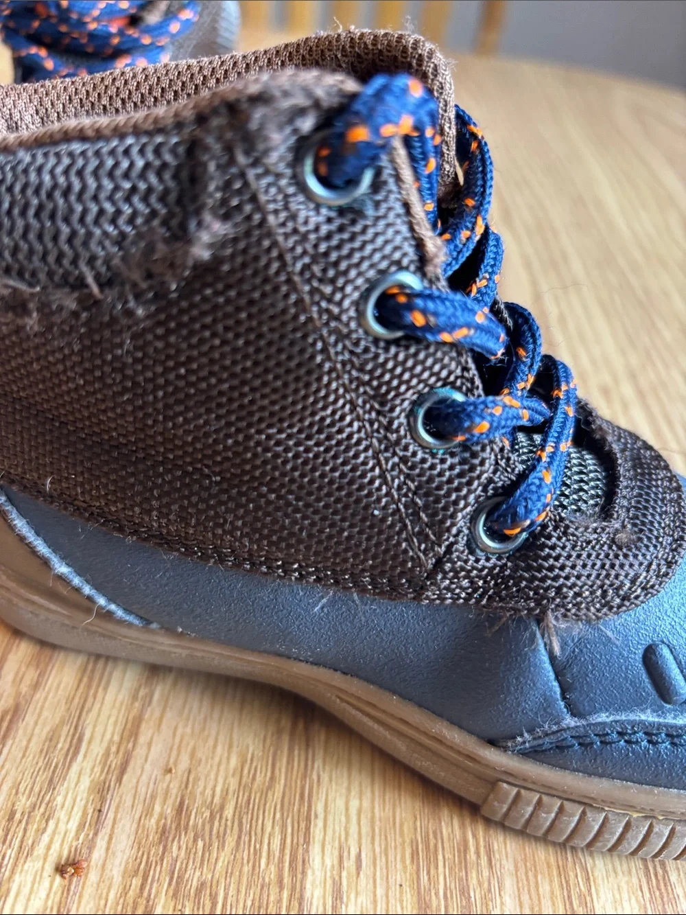 OshKosh B'gosh Navy Blue and Brown Kids Duck Boots with Orange Accents